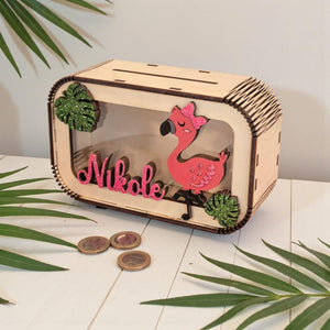 Spardose Flamingo personalisiert mit Namen in Wunschfarben, Sparbüchse, Sparschwein, Geldgeschenk, Geschenk Geburt, Taufe, Geburtstag