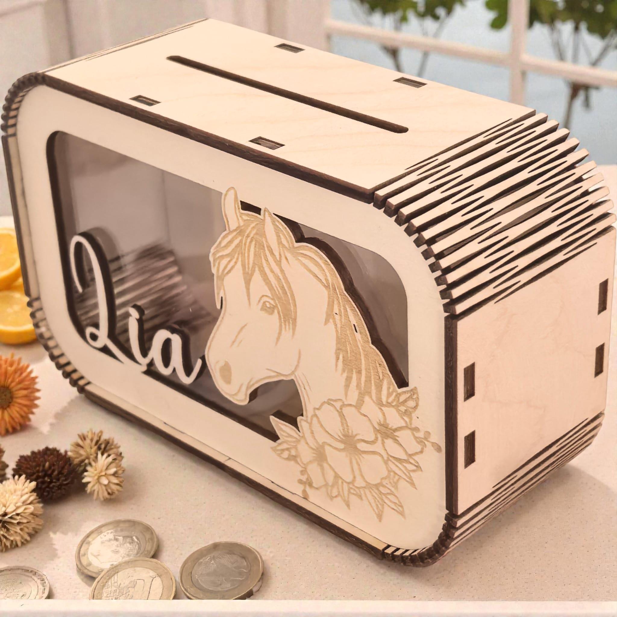 Pferde Spardose personalisiert mit Namen, Sparbüchse, Sparschwein, Geldgeschenk, Geschenk zur Geburt, Taufe, Geburtstag, Reiten, Mädchen