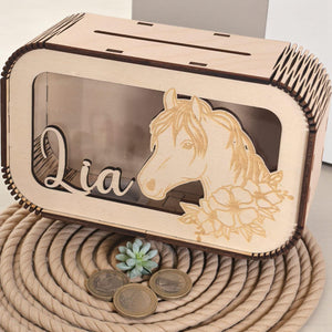 Pferde Spardose personalisiert mit Namen, Sparbüchse, Sparschwein, Geldgeschenk, Geschenk zur Geburt, Taufe, Geburtstag, Reiten, Mädchen
