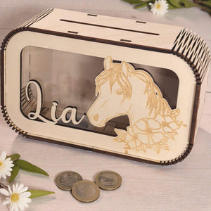 Pferde Spardose personalisiert mit Namen, Sparbüchse, Sparschwein, Geldgeschenk, Geschenk zur Geburt, Taufe, Geburtstag, Reiten, Mädchen