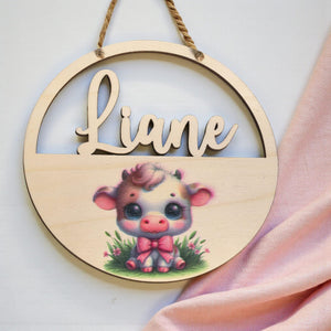 Türschild personalisiert fürs Kinderzimmer mit süßer Baby Kuh, Geschenk Taufe, Geburt, Kindergeburtstag, Namensschild, Bauernhof, Mädchen