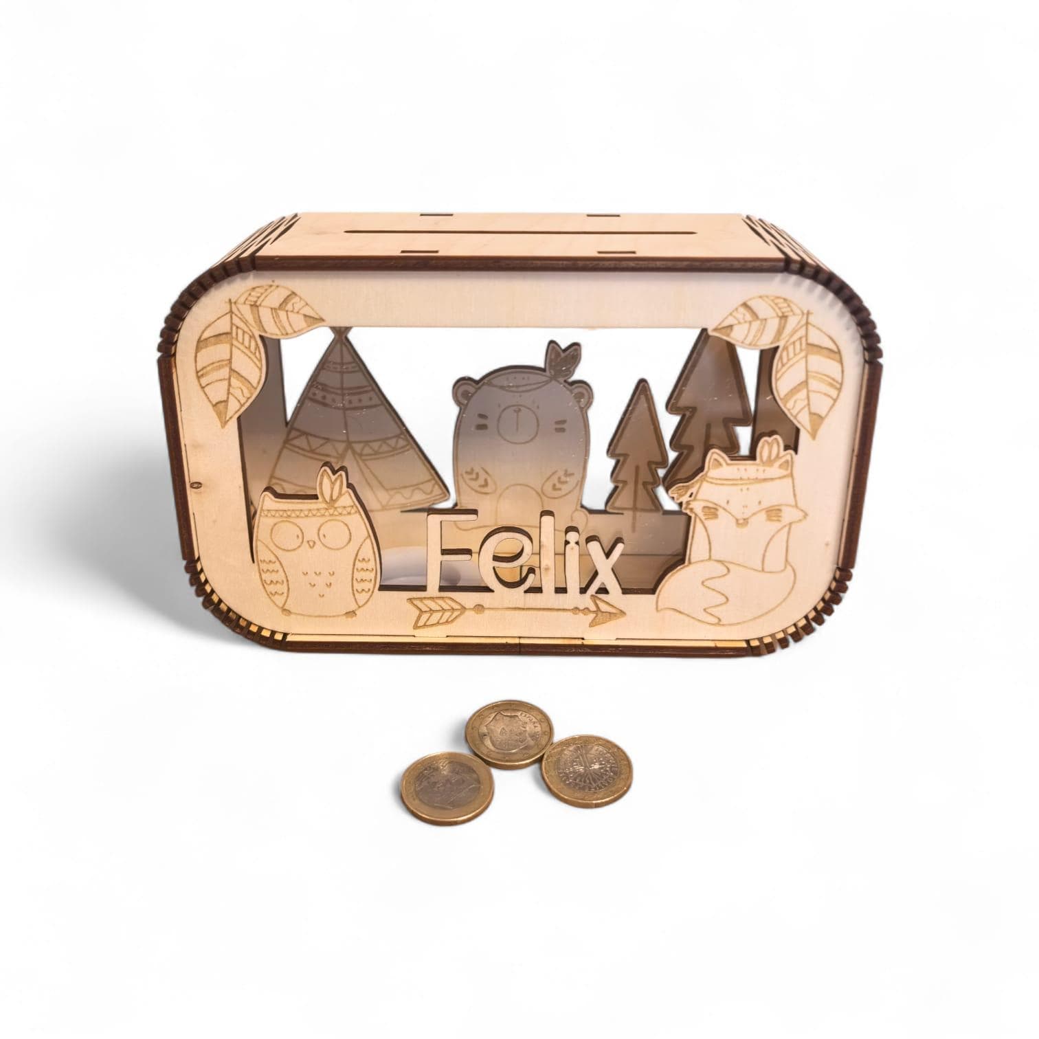 Spardose personalisiert mit Namen, Sparbüchse, Sparschwein, Geldgeschenk, Geschenk zur Geburt, Taufe, Geburtstag, Waldtiere, Reh, Bär,Fuchs