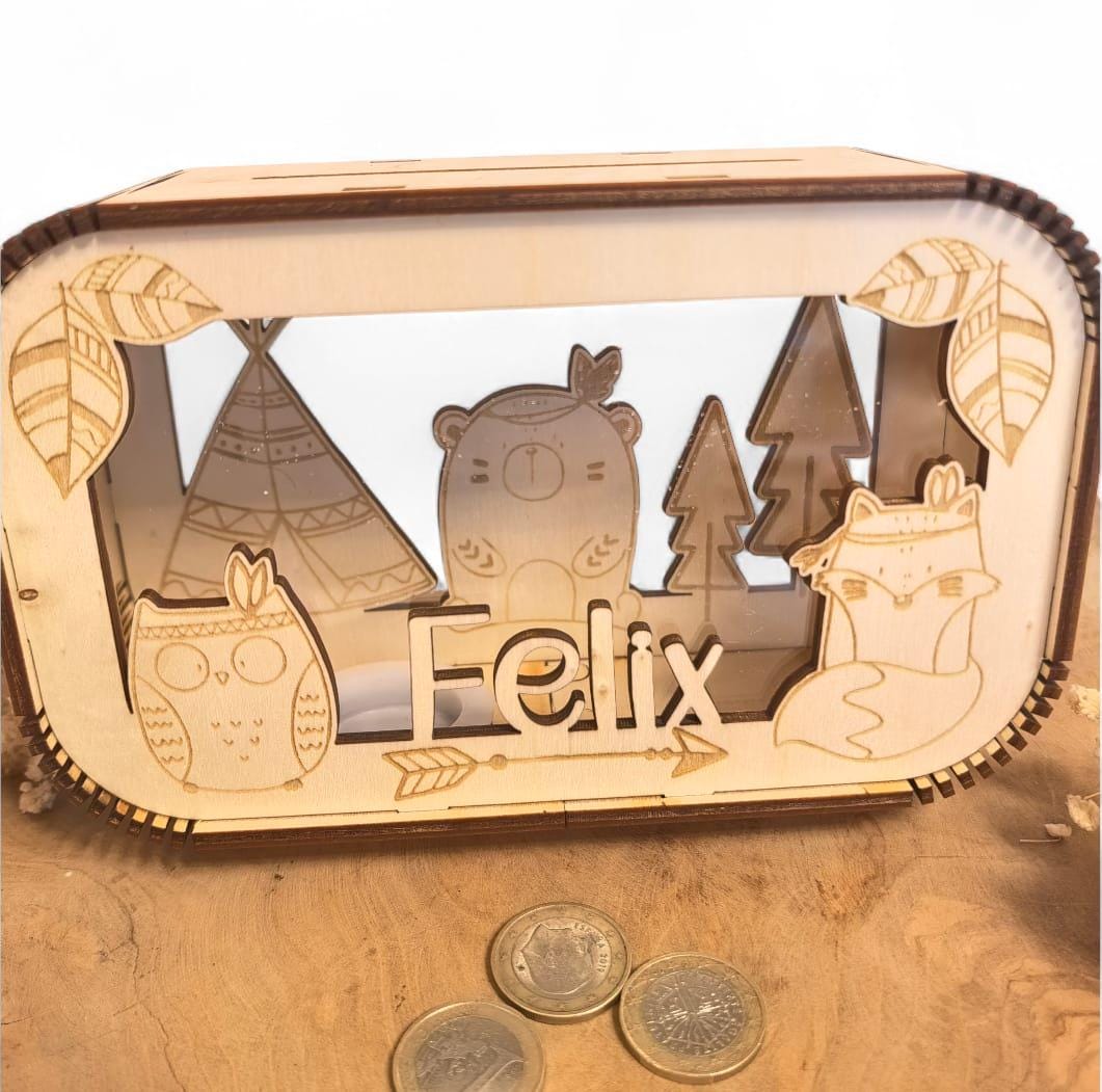 Spardose personalisiert mit Namen, Sparbüchse, Sparschwein, Geldgeschenk, Geschenk zur Geburt, Taufe, Geburtstag, Waldtiere, Reh, Bär,Fuchs