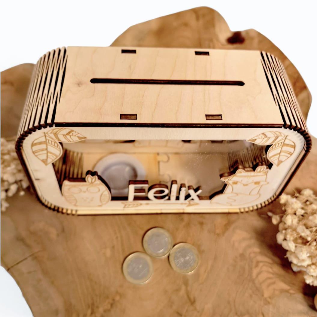 Spardose personalisiert mit Namen, Sparbüchse, Sparschwein, Geldgeschenk, Geschenk zur Geburt, Taufe, Geburtstag, Waldtiere, Reh, Bär,Fuchs