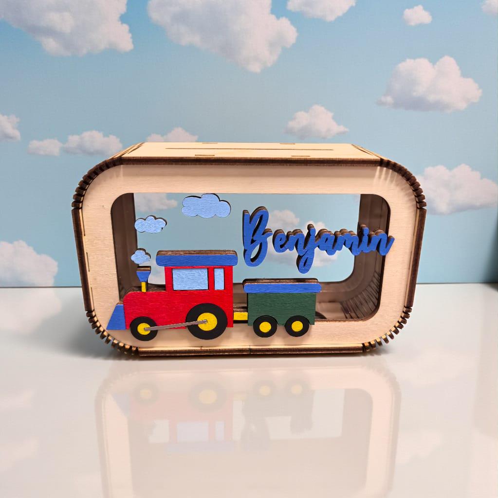Zug Spardose personalisiert mit Namen in Wunschfarben, Sparbüchse, Sparschwein, Geldgeschenk, Geschenk Geburt, Taufe, Geburtstag Bahnhof