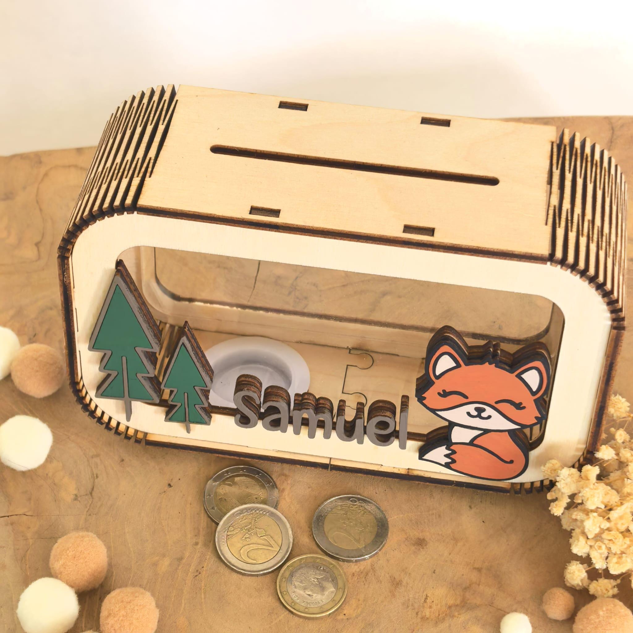 Personalisierte Fuchs Spardose aus Holz mit Namen – Handgefertigtes Waldtiere Geldgeschenk zur Geburt & Taufe – Wunschfarbe – 17x11 cm