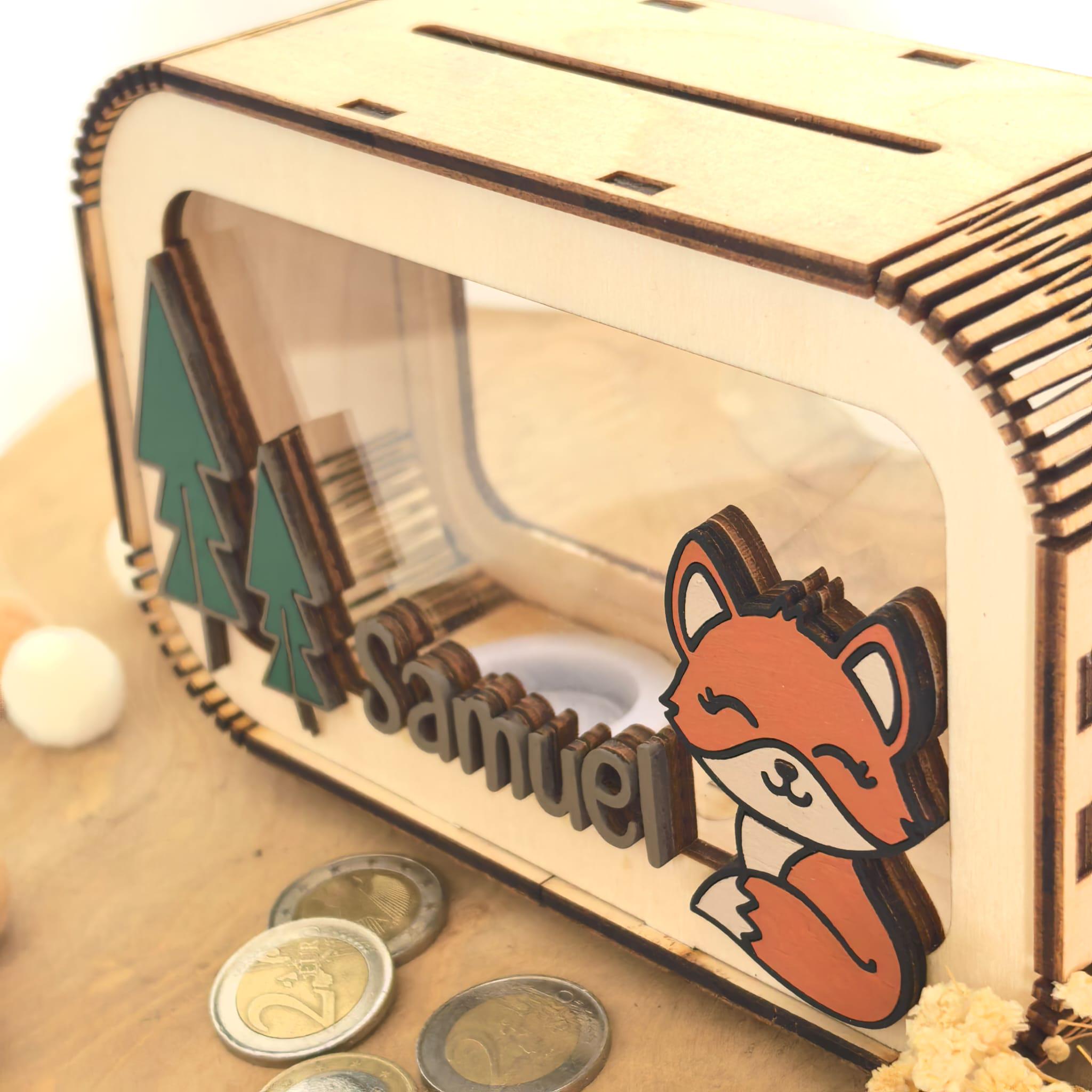 Personalisierte Fuchs Spardose aus Holz mit Namen – Handgefertigtes Waldtiere Geldgeschenk zur Geburt & Taufe – Wunschfarbe – 17x11 cm