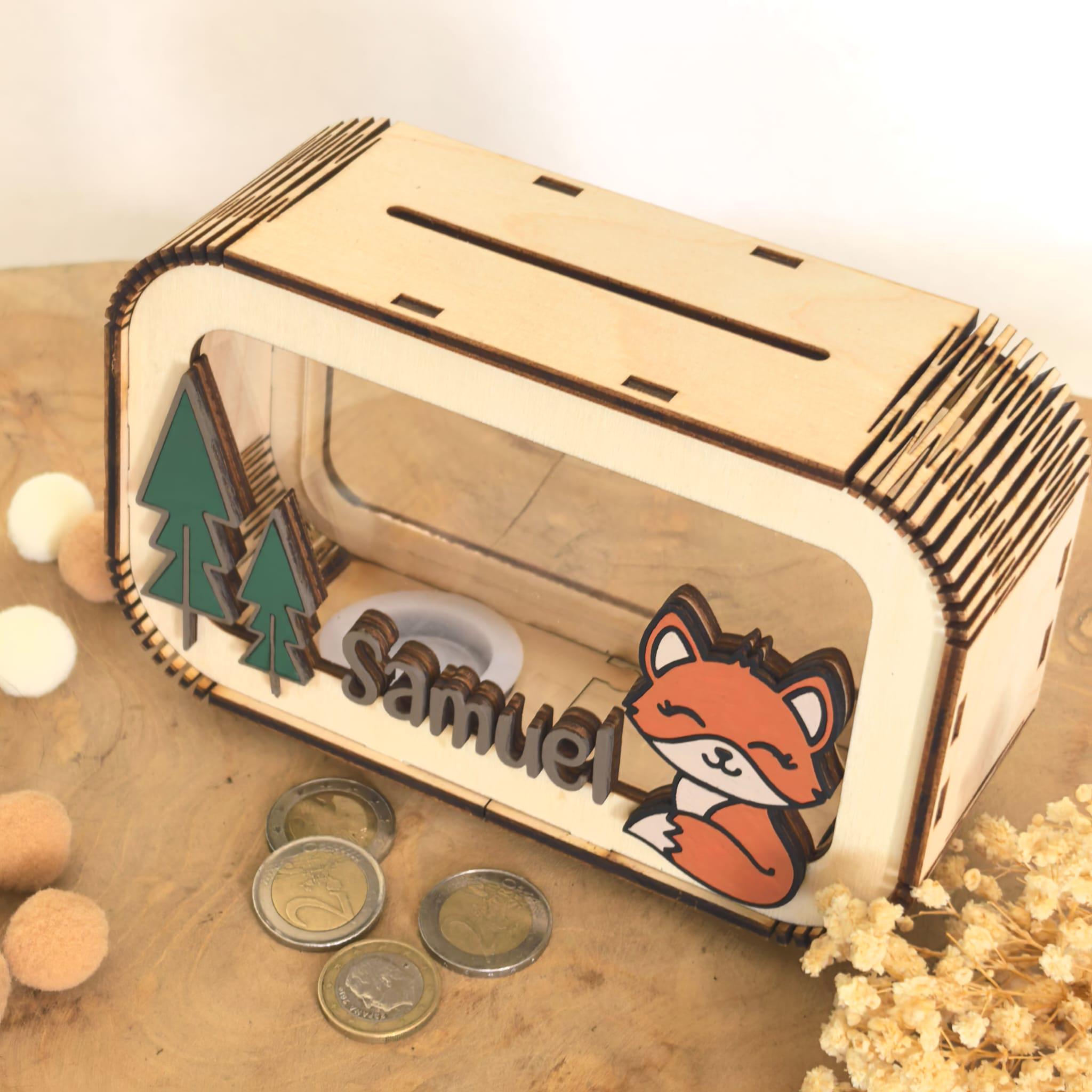 Personalisierte Fuchs Spardose aus Holz mit Namen – Handgefertigtes Waldtiere Geldgeschenk zur Geburt & Taufe – Wunschfarbe – 17x11 cm