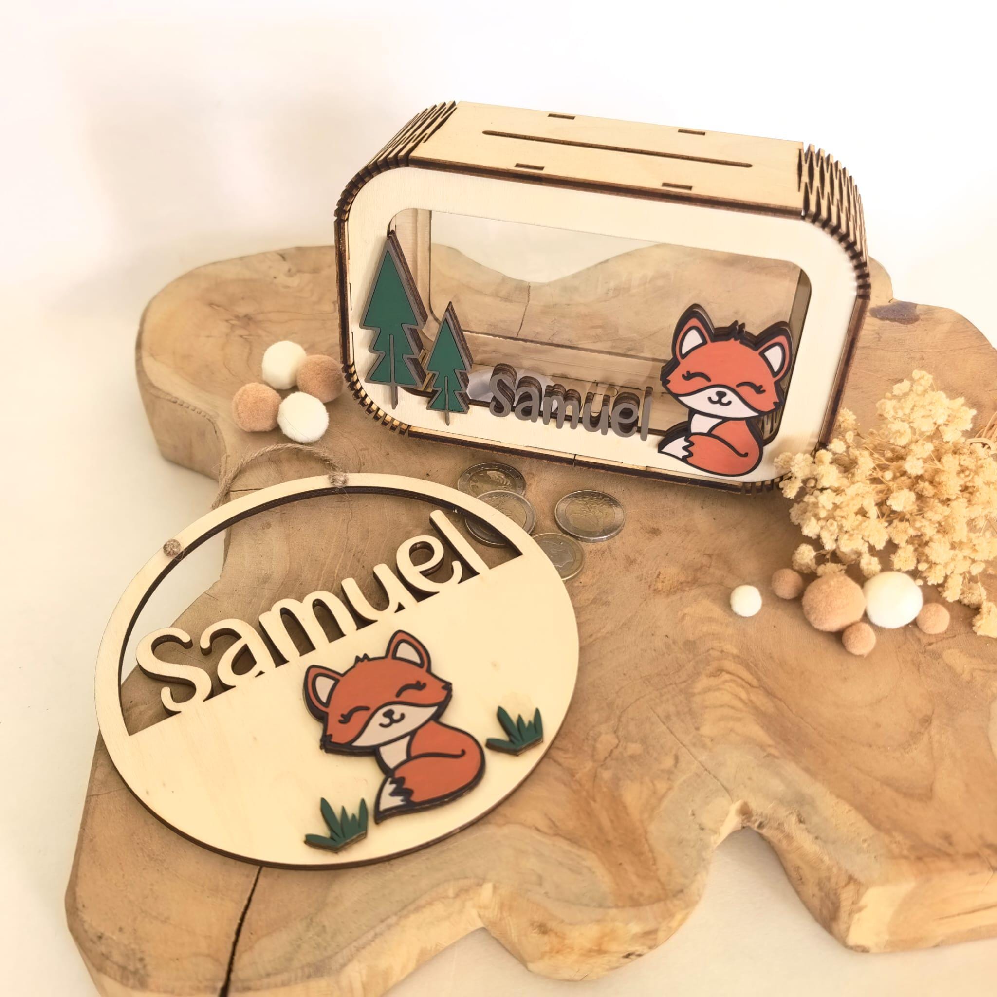 Personalisierte Fuchs Spardose aus Holz mit Namen – Handgefertigtes Waldtiere Geldgeschenk zur Geburt & Taufe – Wunschfarbe – 17x11 cm