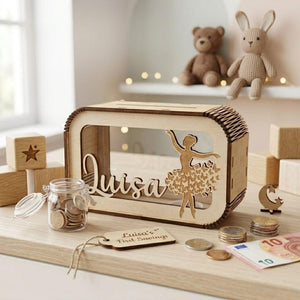 Personalisierte Ballerina Spardose aus Holz mit Namen – Handgefertigtes Geldgeschenk für kleine Tänzerinnen zur Geburt, Taufe & Geburtstag