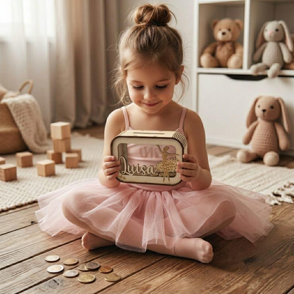 Personalisierte Ballerina Spardose aus Holz mit Namen – Handgefertigtes Geldgeschenk für kleine Tänzerinnen zur Geburt, Taufe & Geburtstag