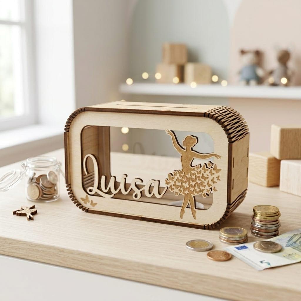 Personalisierte Ballerina Spardose aus Holz mit Namen – Handgefertigtes Geldgeschenk für kleine Tänzerinnen zur Geburt, Taufe & Geburtstag