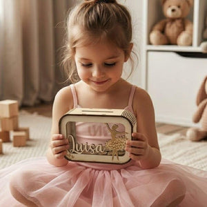 Personalisierte Ballerina Spardose aus Holz mit Namen – Handgefertigtes Geldgeschenk für kleine Tänzerinnen zur Geburt, Taufe & Geburtstag