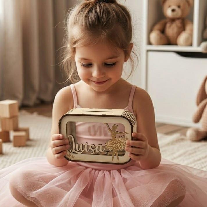 Personalisierte Ballerina Spardose aus Holz mit Namen – Handgefertigtes Geldgeschenk für kleine Tänzerinnen zur Geburt, Taufe & Geburtstag