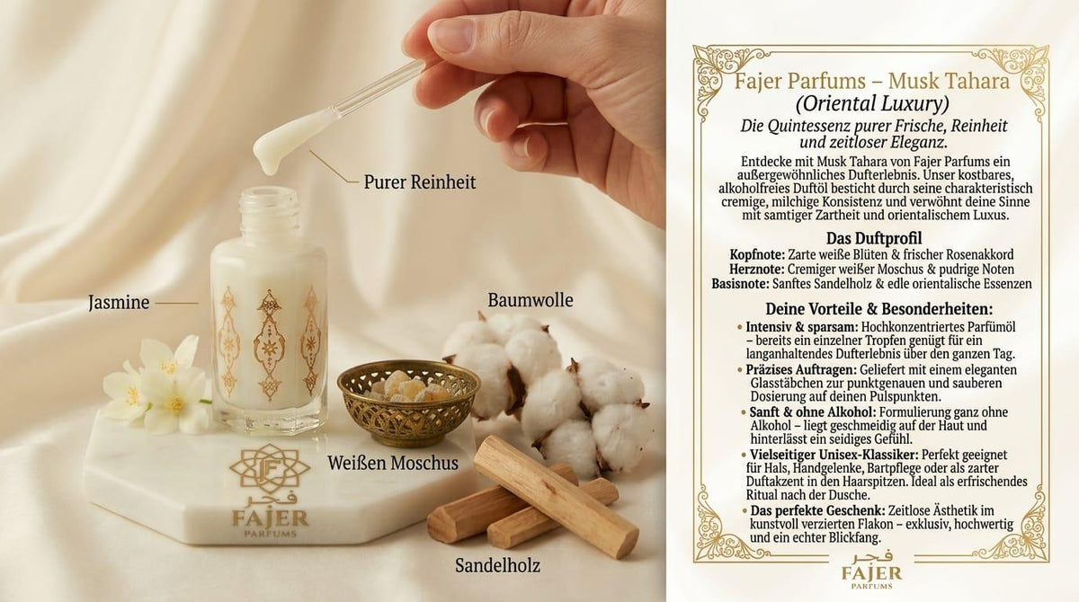 Musk Tahara 6ml l Fajer Parfums | Alkoholfreies Parfümöl & Weißer Moschus – Cremiger Duft langanhaltend mit Glasstäbchen für Sie und Ihn