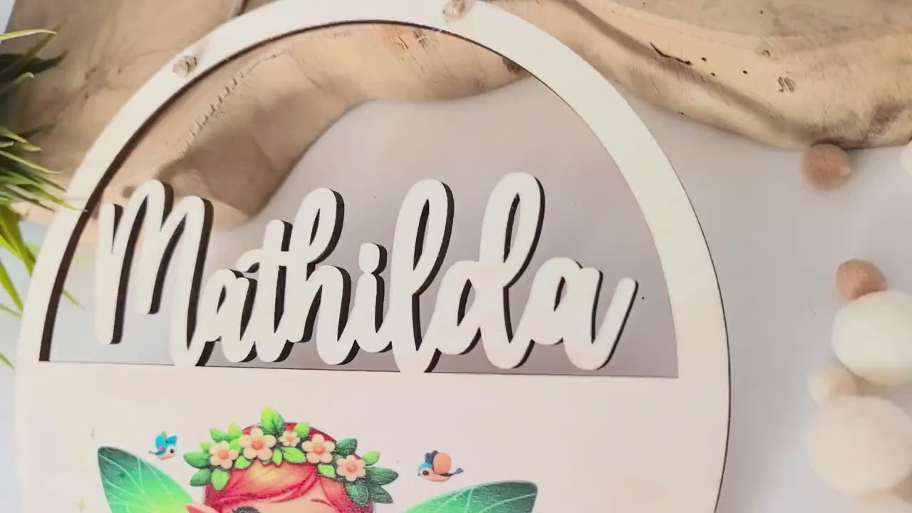 Türschild personalisiert fürs Kinderzimmer mit süßer Fee, Elfe, Waldfee, Geschenk Taufe, Geburt, Kindergeburtstag, Namensschild