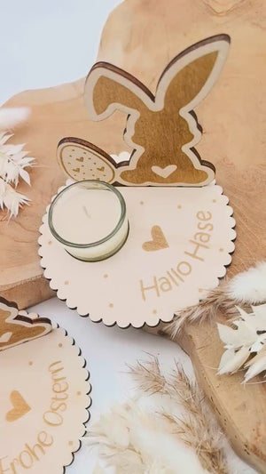 Osterhase Teelichthalter personalisiert mit deinem Text / Name, inklusive Glas Teelichthalter, Tischdeko, Kerzenständer, Osterdeko, Ostern