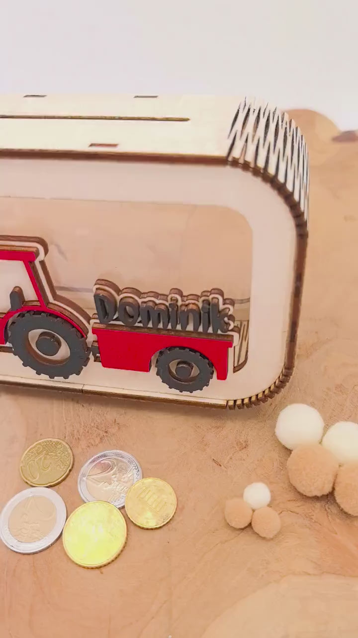 Traktor Spardose personalisiert mit Namen in Wunschfarben, Sparbüchse, Sparschwein, Geldgeschenk, Geschenk Geburt, Taufe, Geburtstag Trecker