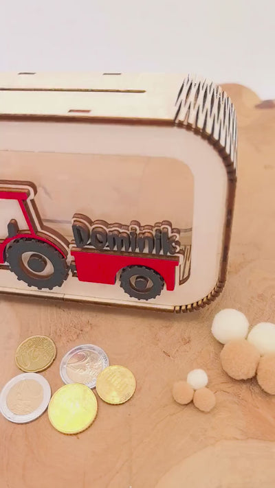 Traktor Spardose personalisiert mit Namen in Wunschfarben, Sparbüchse, Sparschwein, Geldgeschenk, Geschenk Geburt, Taufe, Geburtstag Trecker