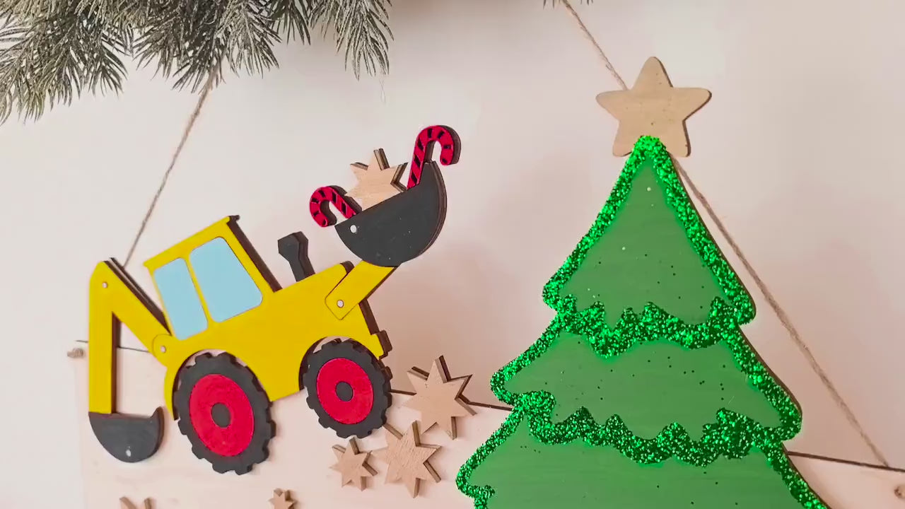 Adventskalender XXL Bagger Traktor aus Holz, personalisiert mit Wunschtext und in Wunschfarbe, Geschenkidee, Babys Weihnachten, Baustelle,