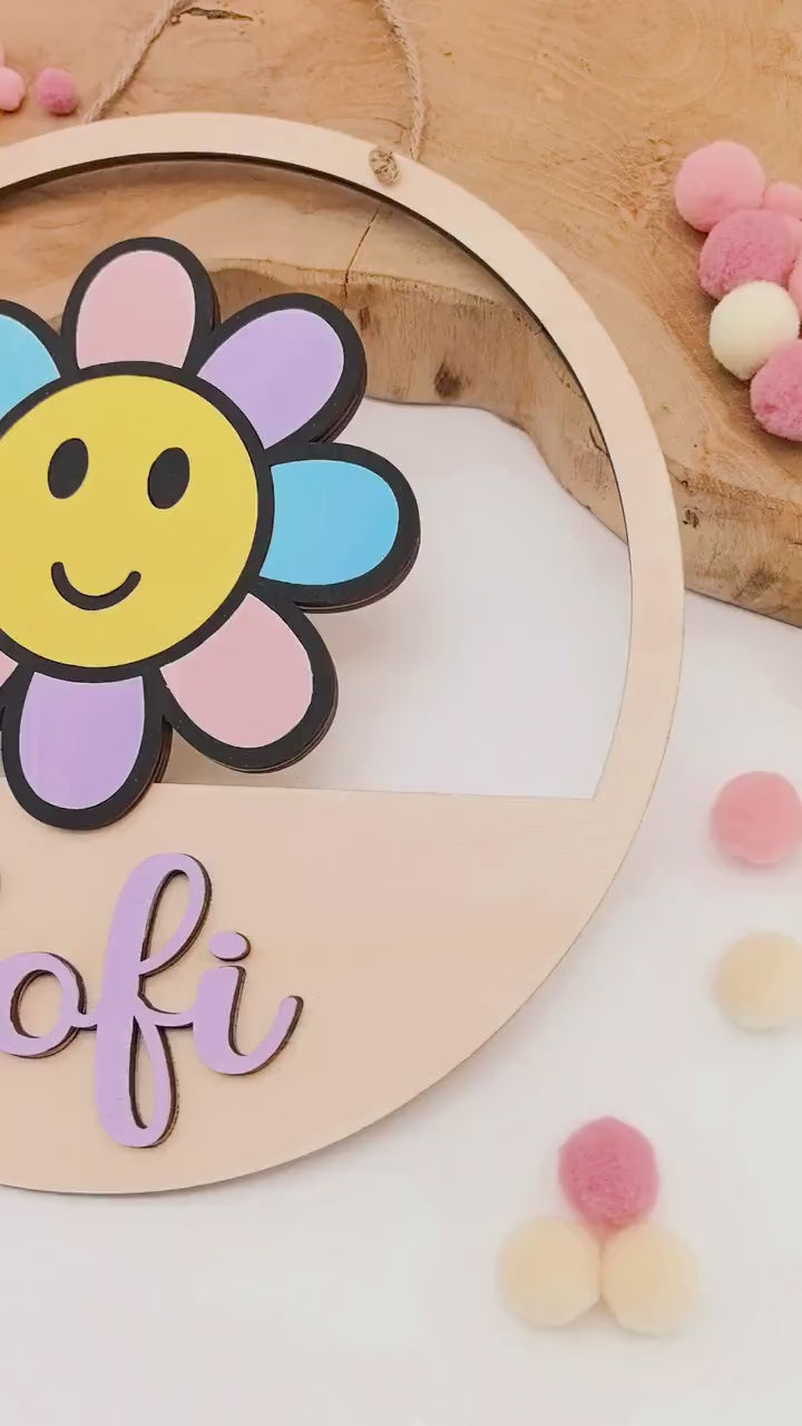 Blumen Türschild personalisiert fürs Kinderzimmer, gefertigt in Wunschfarben, Geschenk Taufe, Geburt, Kindergeburtstag, Daisy, Sonnenblume