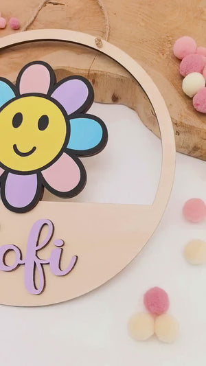 Blumen Türschild personalisiert fürs Kinderzimmer, gefertigt in Wunschfarben, Geschenk Taufe, Geburt, Kindergeburtstag, Daisy, Sonnenblume