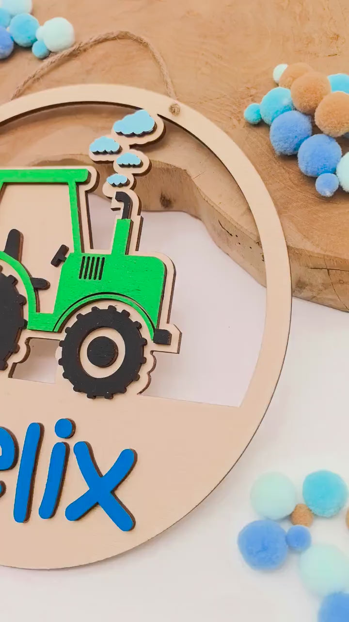 Türschild Traktor personalisiert fürs Kinderzimmer, gefertigt in Wunschfarben, Geschenk Taufe, Geburt, Kindergeburtstag Trecker Namensschild