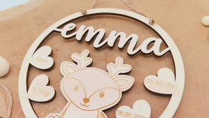 Namensschild mit Geburtsdaten aus Holz , 61 süße Tiermotive, personalisiertes Geschenk zur Geburt / Taufe, Kinder Geburtstag, Baby Shower