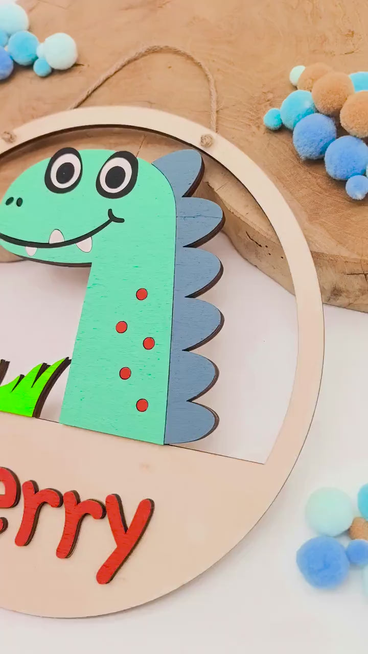 Dino Türschild personalisiert fürs Kinderzimmer, gefertigt in Wunschfarben, Geschenk Taufe, Geburt, Kindergeburtstag, Dinosaurier, Trex