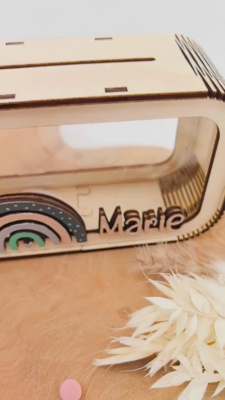 Regenbogen Spardose personalisiert mit Namen in Wunschfarben, Sparbüchse, Sparschwein, Geldgeschenk, Geschenk Geburt, Taufe, Geburtstag