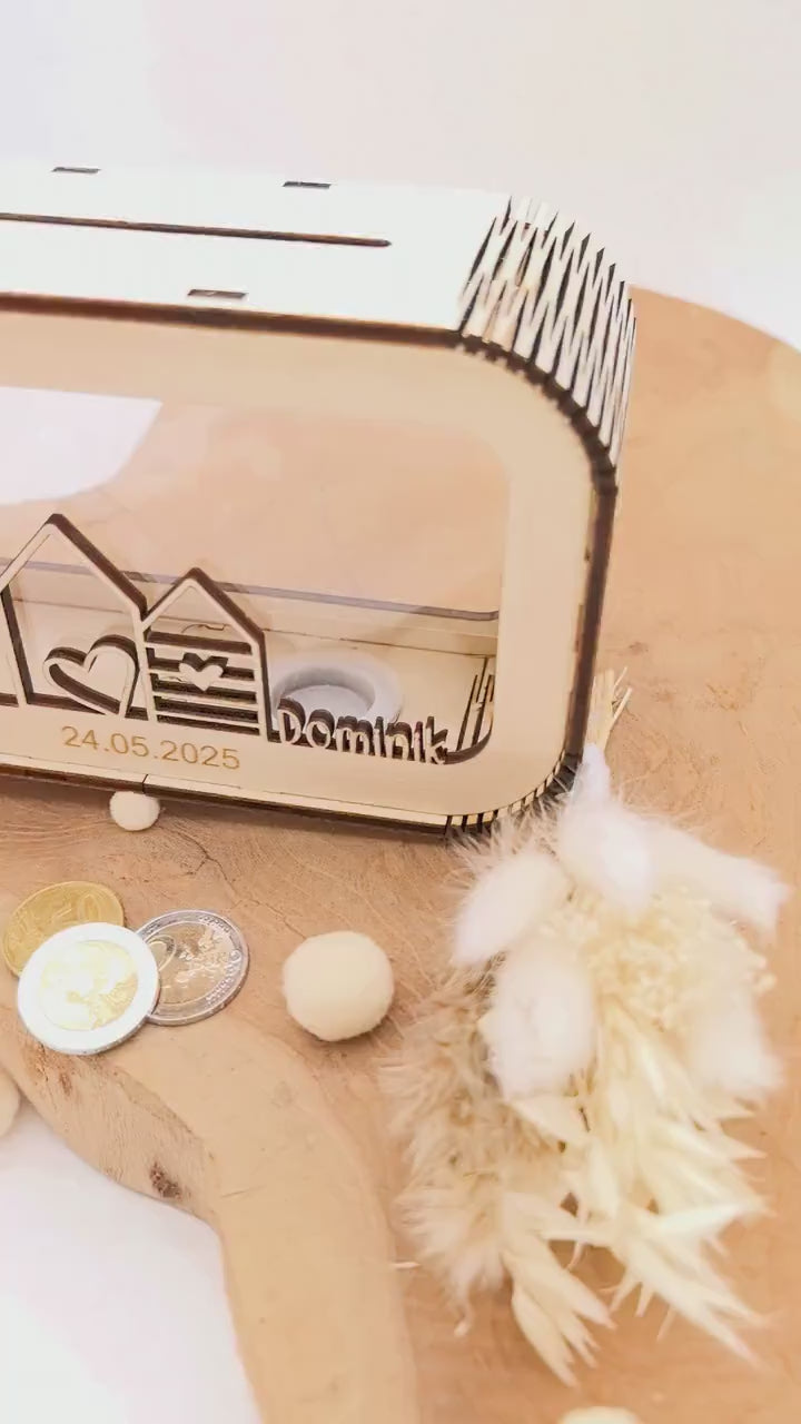 Spardose Hochzeitsgeschenk personalisiert mit Name und Datum, Geldgeschenk, Sparschwein Geburtstagsgeschenk Freundin Ehefrau Einzugsgeschenk