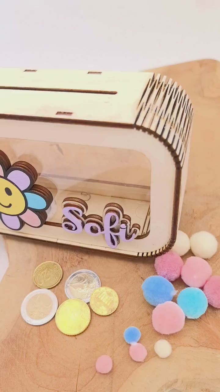 Blumen Spardose personalisiert mit Namen in Wunschfarben, Sparbüchse, Sparschwein, Geldgeschenk, Geschenk Geburt, Taufe, Geburtstag, Daisy