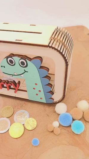 Dino Spardose personalisiert mit Namen in Wunschfarben, Sparbüchse, Sparschwein, Geldgeschenk, Geschenk Geburt, Taufe Geburtstag Dinosaurier