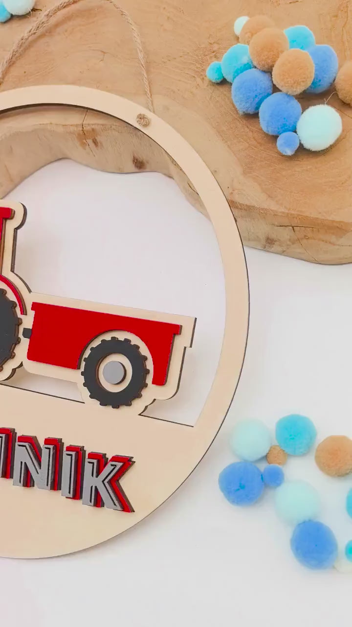 Türschild Traktor personalisiert fürs Kinderzimmer, gefertigt in Wunschfarben, Geschenk Taufe, Geburt, Kindergeburtstag Trecker Namensschild